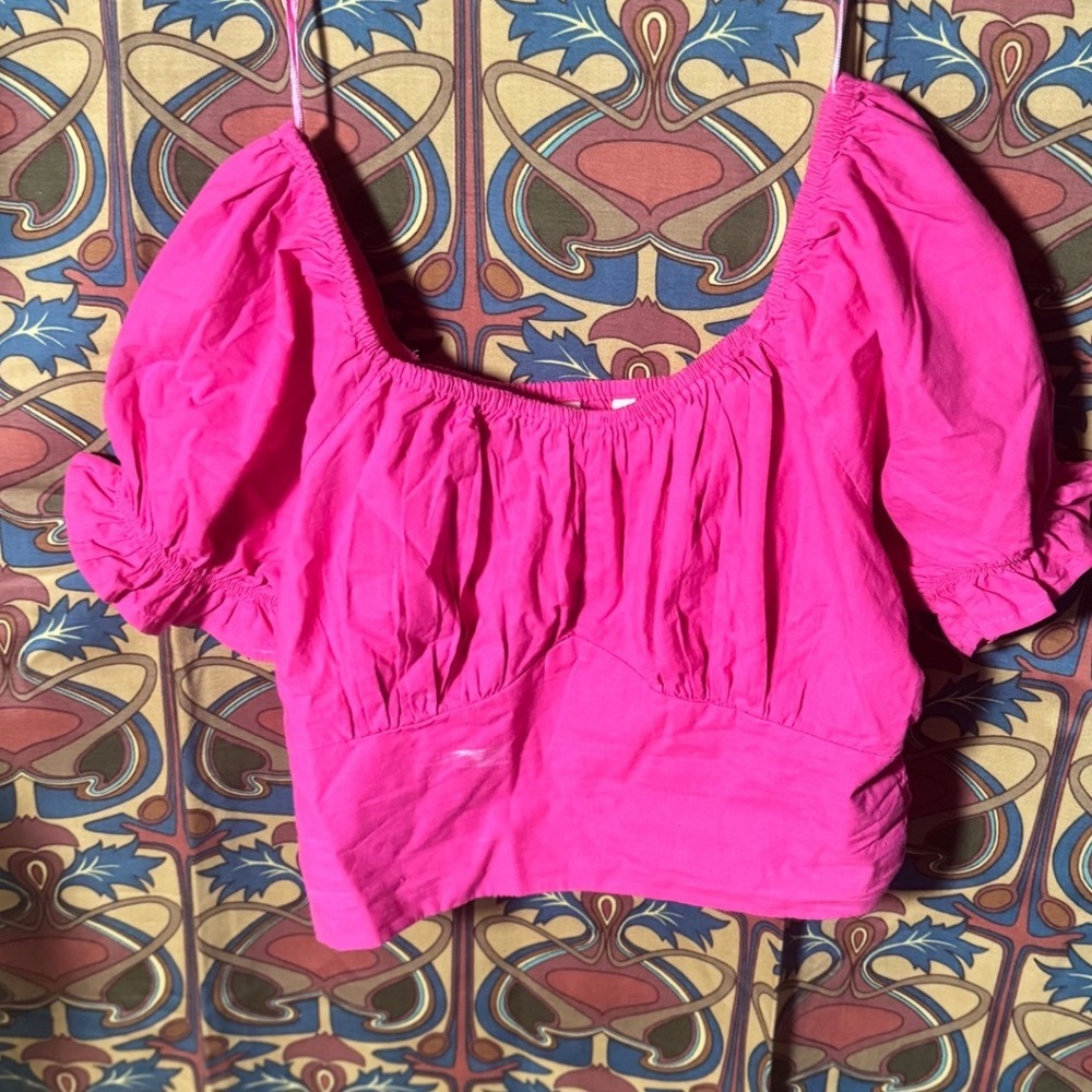 Sim & Sam Hot Pink Puff Sleeve Crop Top Square Neck Blouse